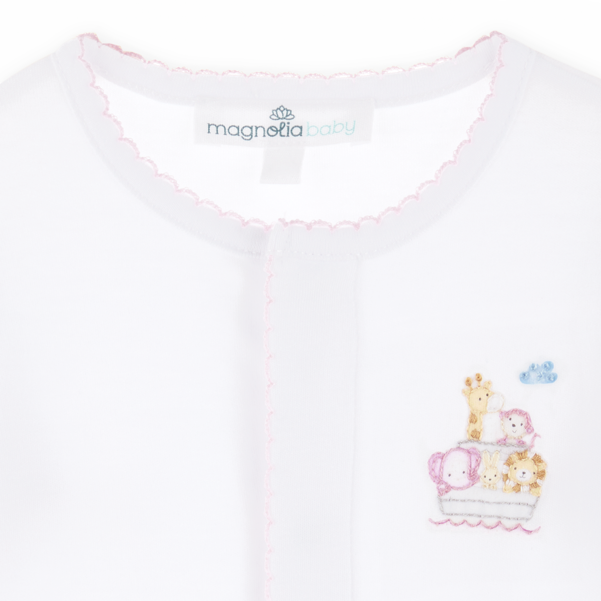 Magnolia Baby Noah's Ark pink footie with colorful animal prints, soft fabric, and snap closures for infants.