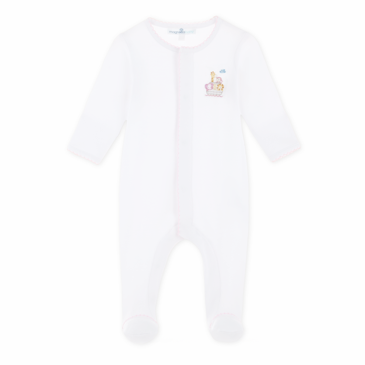 Magnolia Baby Noah's Ark pink footie featuring colorful animal prints and soft fabric for infants.