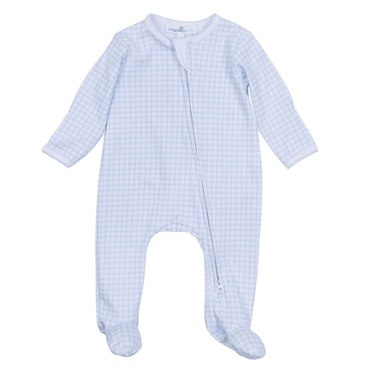 Magnolia Baby Peek-A-Boo Wishes light blue zipper footie with cute animal designs, soft and cozy for infants.