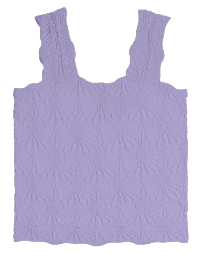 Violet Suzette seamless floral textured tank top, close-up showing intricate floral pattern and soft fabric details.