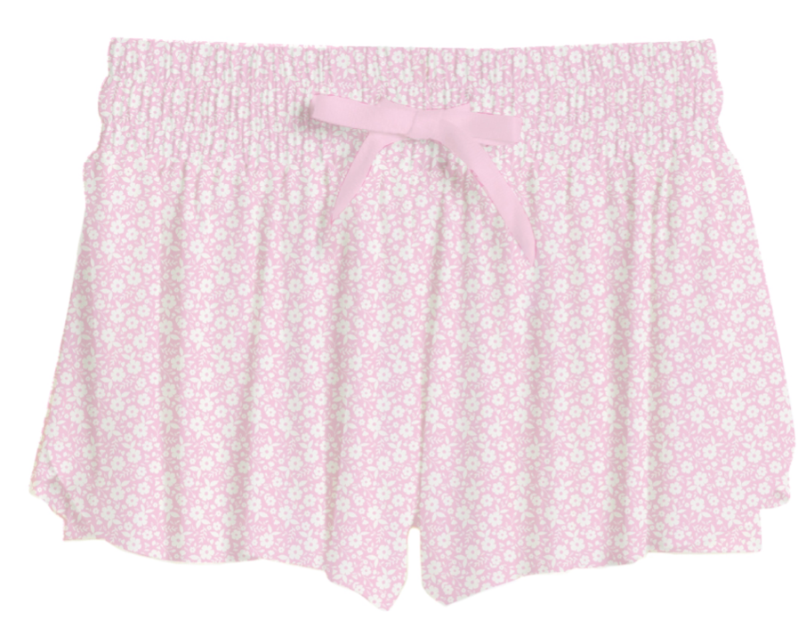 Suzette pink ditsy daisy fly away shorts with floral print and flowy design, perfect for casual summer wear.