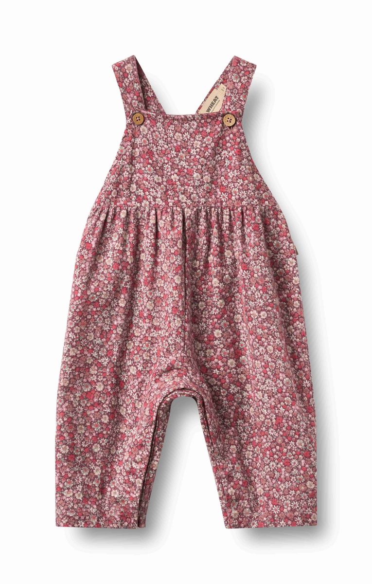 Wheat Grape Flowers Liz Overalls featuring a colorful floral print, with adjustable straps and a relaxed fit for children.