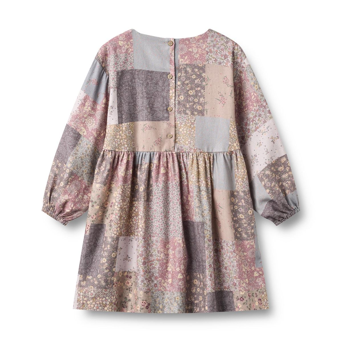 Wheat Patchwork Flowers Herdis long-sleeve dress with colorful floral patchwork design and a comfortable fit.