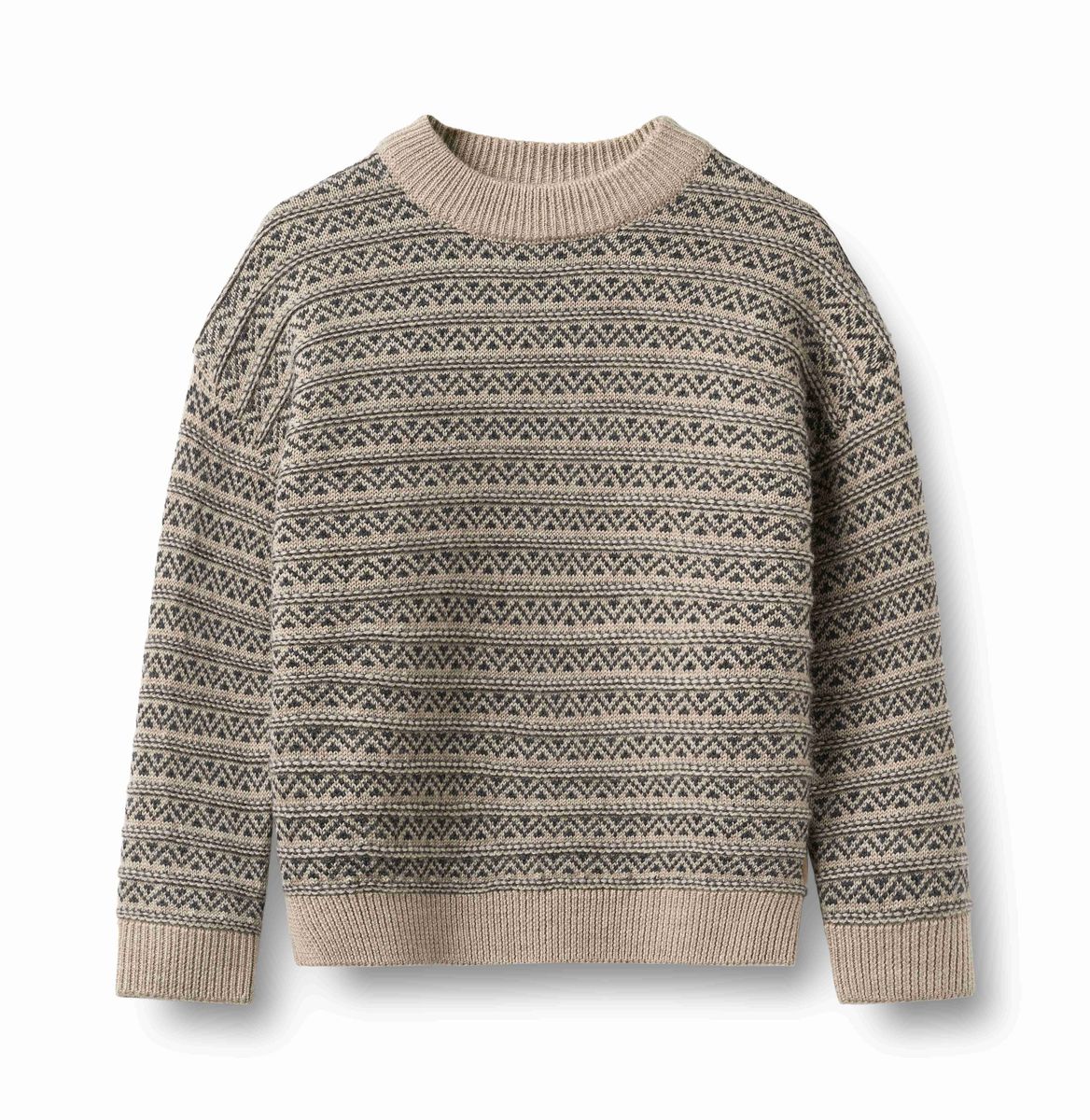 Wheat Warm Sand Melange Jens Jacquard Pullover featuring a textured knit pattern and a relaxed fit, displayed on a hanger.