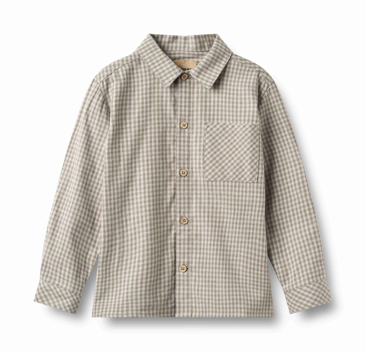Grey-brown check Oscar long-sleeve shirt by Wheat, featuring a classic plaid pattern and button-up front.