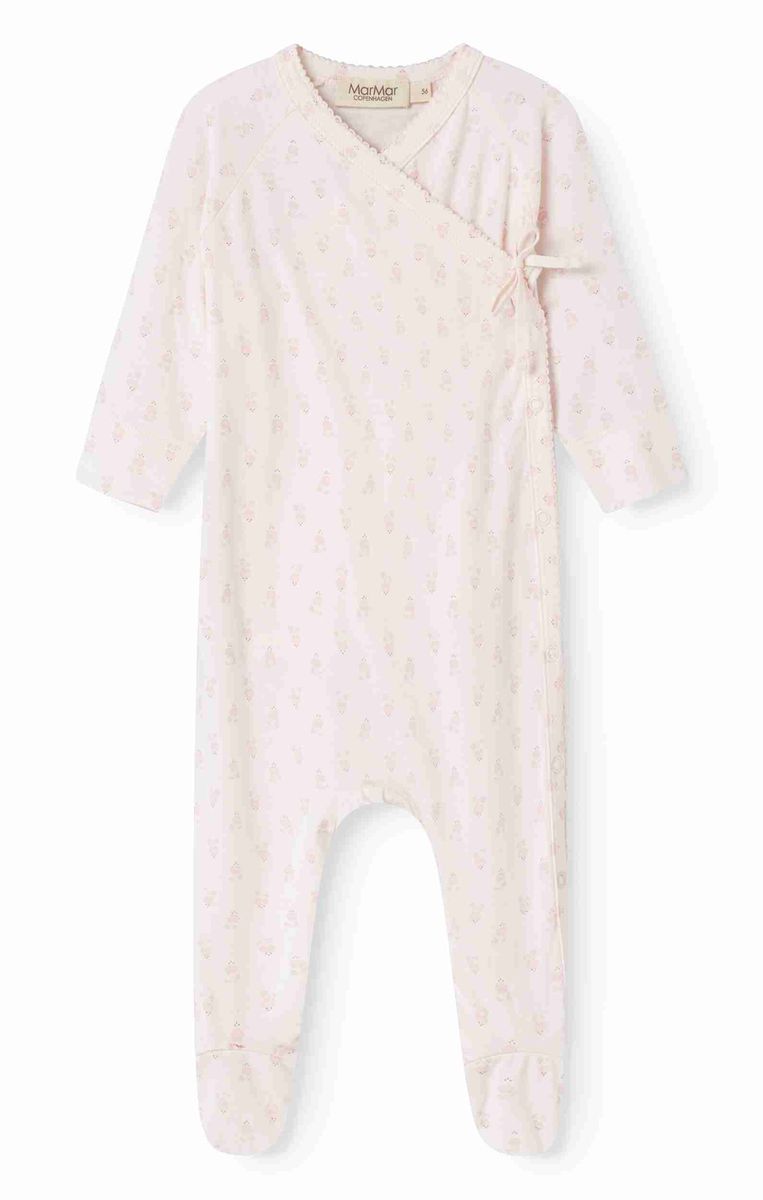 Mini Bloom Rubetta by MarMar Copenhagen, a stylish baby romper in soft pastel fabric, displayed on a hanger.