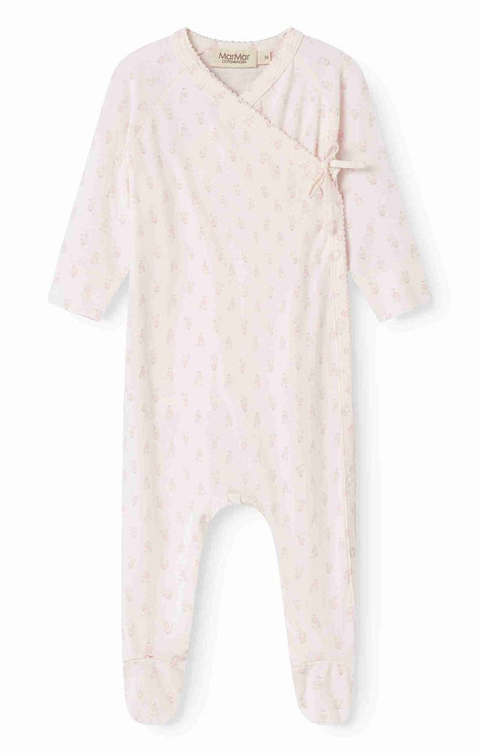 Mini Bloom Rubetta by MarMar Copenhagen, a stylish baby romper in soft pastel fabric, displayed on a hanger.
