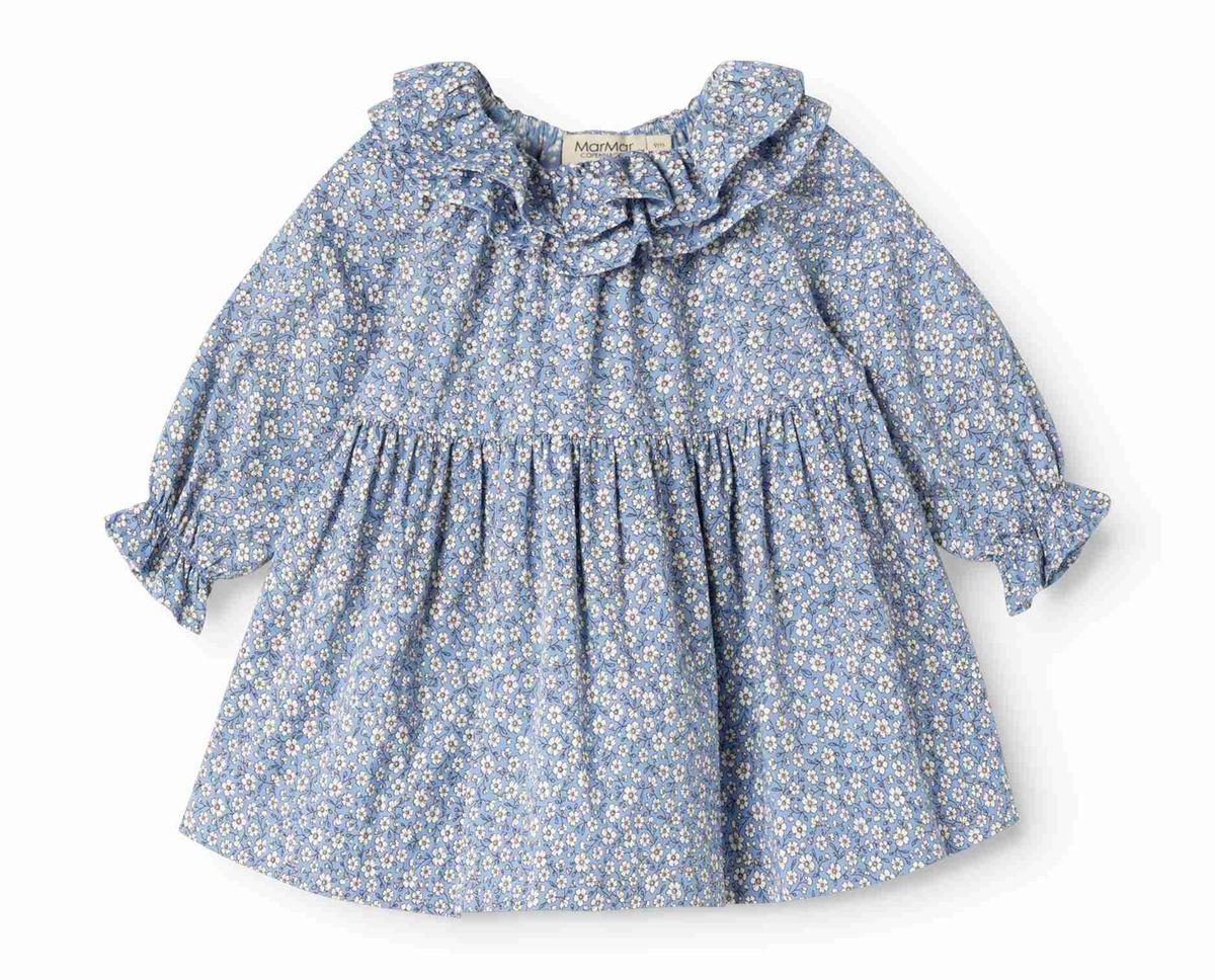 MarMar Copenhagen Forget Me Not Dalin Dress for girls, light blue with floral pattern and ruffle details, displayed on a hanger.