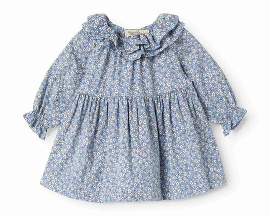 MarMar Copenhagen Forget Me Not Dalin Dress for girls, light blue with floral pattern and ruffle details, displayed on a hanger.