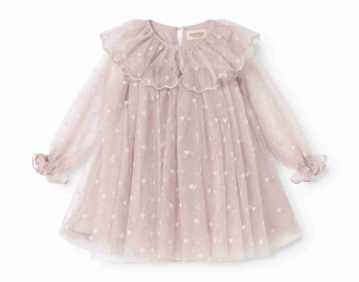 MarMar Copenhagen Cloud Gray Hearts Dera baby dress with long sleeves and soft fabric, featuring a charming heart pattern.