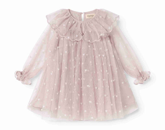 MarMar Copenhagen Cloud Gray Hearts Dera baby dress with long sleeves and soft fabric, featuring a charming heart pattern.