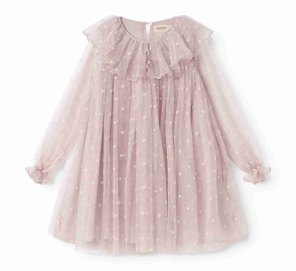 Cloud gray hearts Dera dress by MarMar Copenhagen featuring a soft gray fabric with heart patterns, perfect for stylish, comfortable wear.