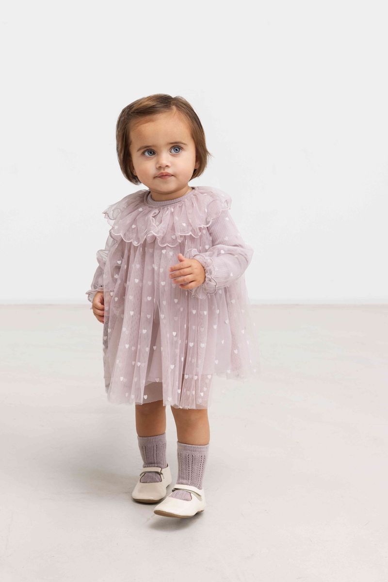 MarMar Copenhagen Cloud Gray Hearts Dera Baby Dress with long sleeves and soft fabric, featuring a charming heart pattern.