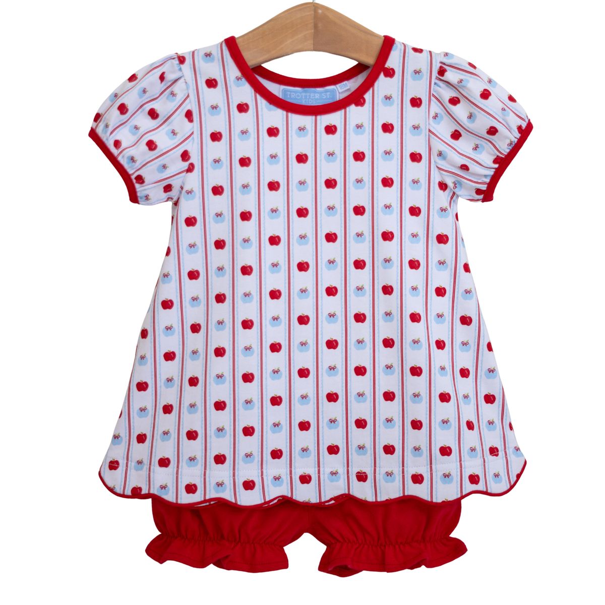 Apple print bloomer set for babies by Trotter Street, featuring soft fabric and adorable apple pattern on the bloomers.