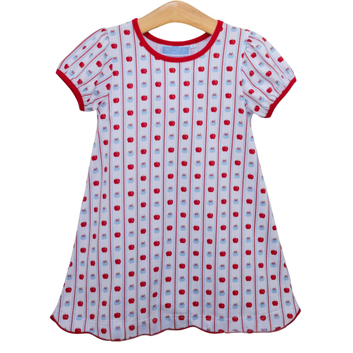 Trotter Street apple print dress featuring a vibrant, colorful pattern and a classic fit, perfect for casual or semi-formal wear.