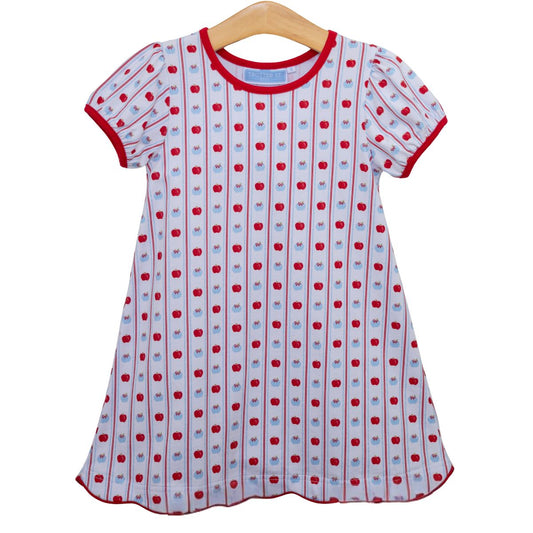 Trotter Street apple print dress featuring a vibrant, colorful pattern and a classic fit, perfect for casual or semi-formal wear.