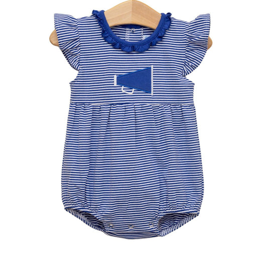 Royal and white stripe ruffle megaphone bubble bag by Trotter Street, featuring ruffled edges and bold stripe pattern.