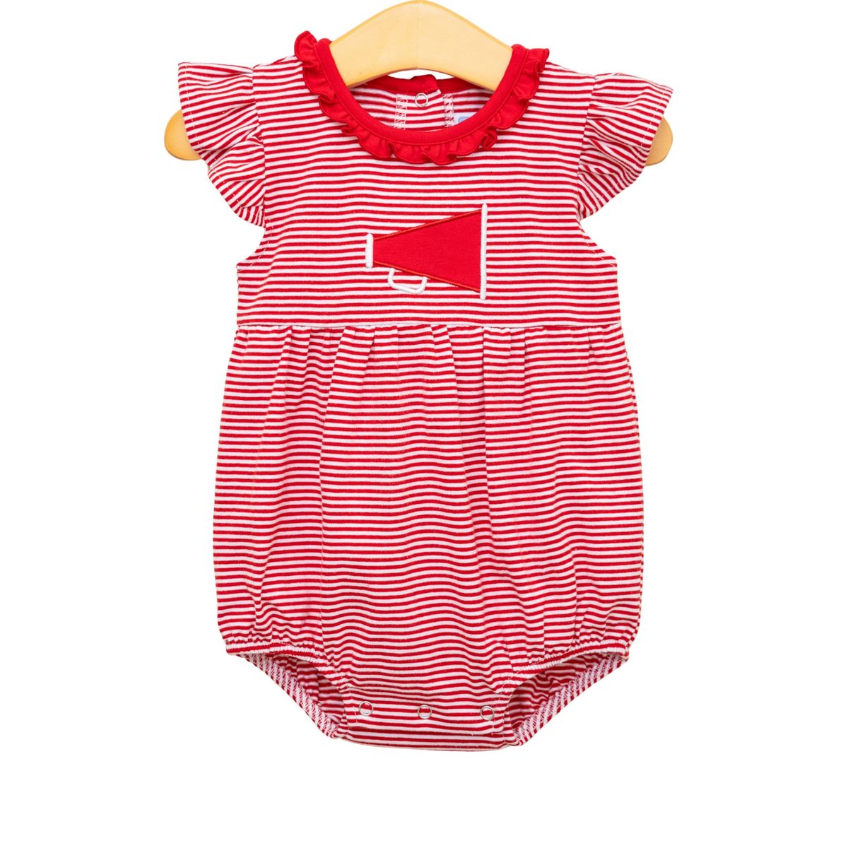 Red and white striped ruffle megaphone bubble from Trotter Street, featuring bold stripes and a playful ruffle detail.