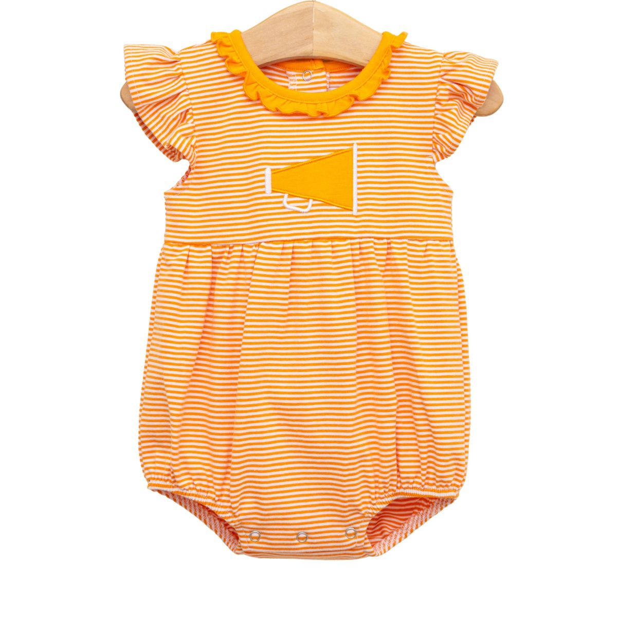 Orange and white striped ruffle megaphone bubble from Trotter Street, featuring a playful, ruffled fabric with bold stripes.