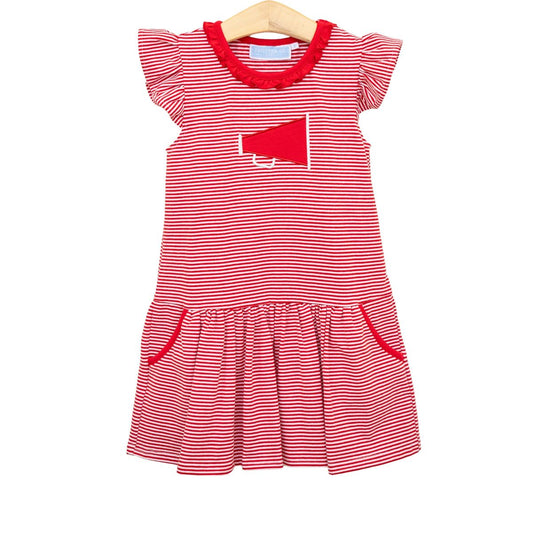 Red and white stripe megaphone applique dress by Trotter Street, featuring a playful design and comfortable fit.