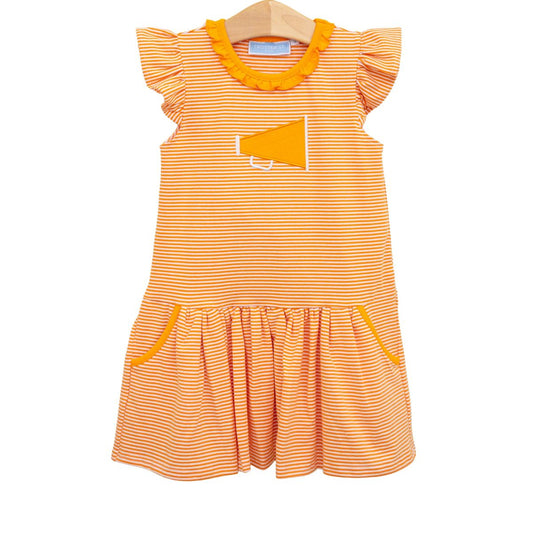Orange and white stripe megaphone applique dress by Trotter Street, featuring a playful striped pattern and decorative applique details.