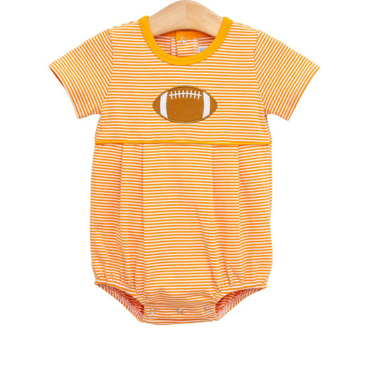 Orange and white striped football applique bubble dress for toddlers, featuring playful sports-themed design by Trotter Street.