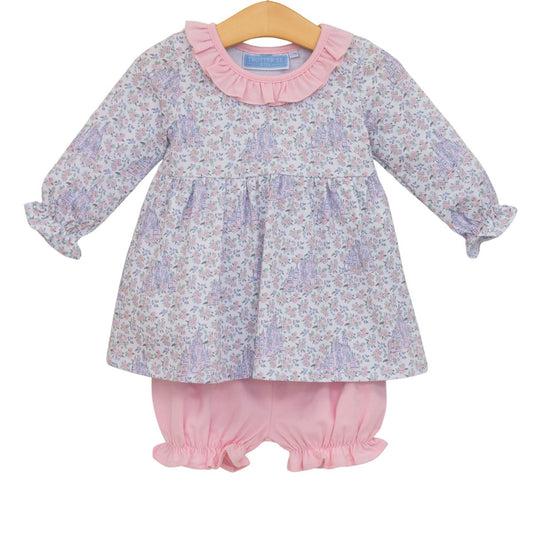 Trotter Street Hidden Castle Bloomer set for babies featuring playful castle-themed fabric with elastic waistband and ruffle details.