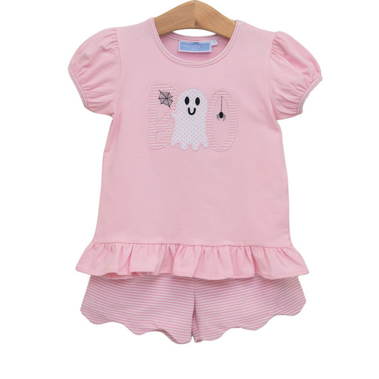 Pink Boo scalloped short set by Trotter Street featuring a stylish, comfortable design with scalloped edges and matching shorts.
