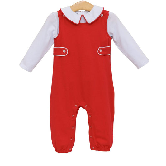 Red Elijah Jon Jon set from Trotter Street, featuring a cute one-piece with shoulder straps and front buttons for babies.