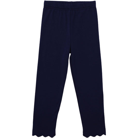 Navy scalloped leggings by Trotter Street with a close-up of the scalloped hem and stretchy fabric.
