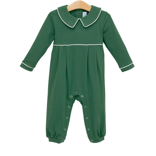 Hunger Green Joseph romper by Trotter Street displayed on a hanger, featuring a vibrant green color and casual design.