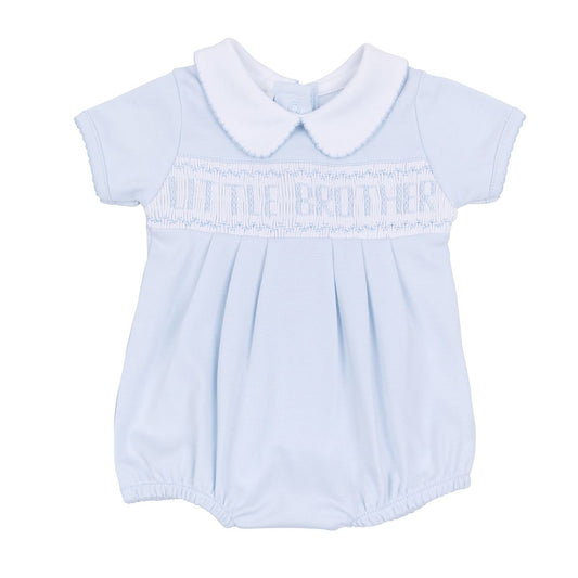 Light blue Magnolia Baby Little Brother smocked short-sleeve bubble with ruffled neckline and embroidery, perfect for baby boys.