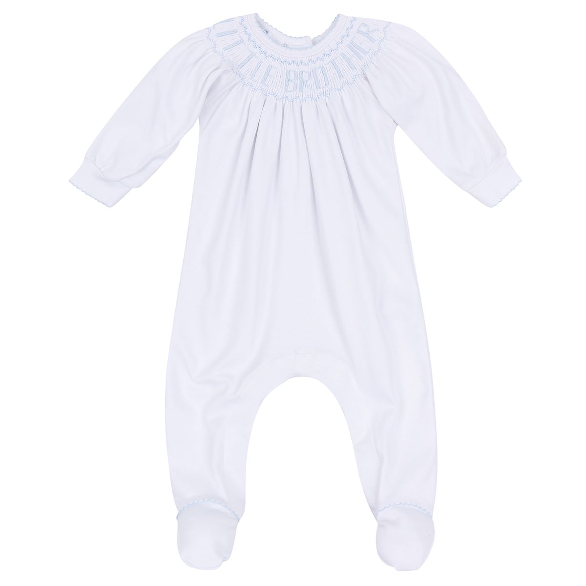 Light blue Magnolia Baby bishop footie for little brothers, featuring soft fabric and comfortable fit, perfect for infants.