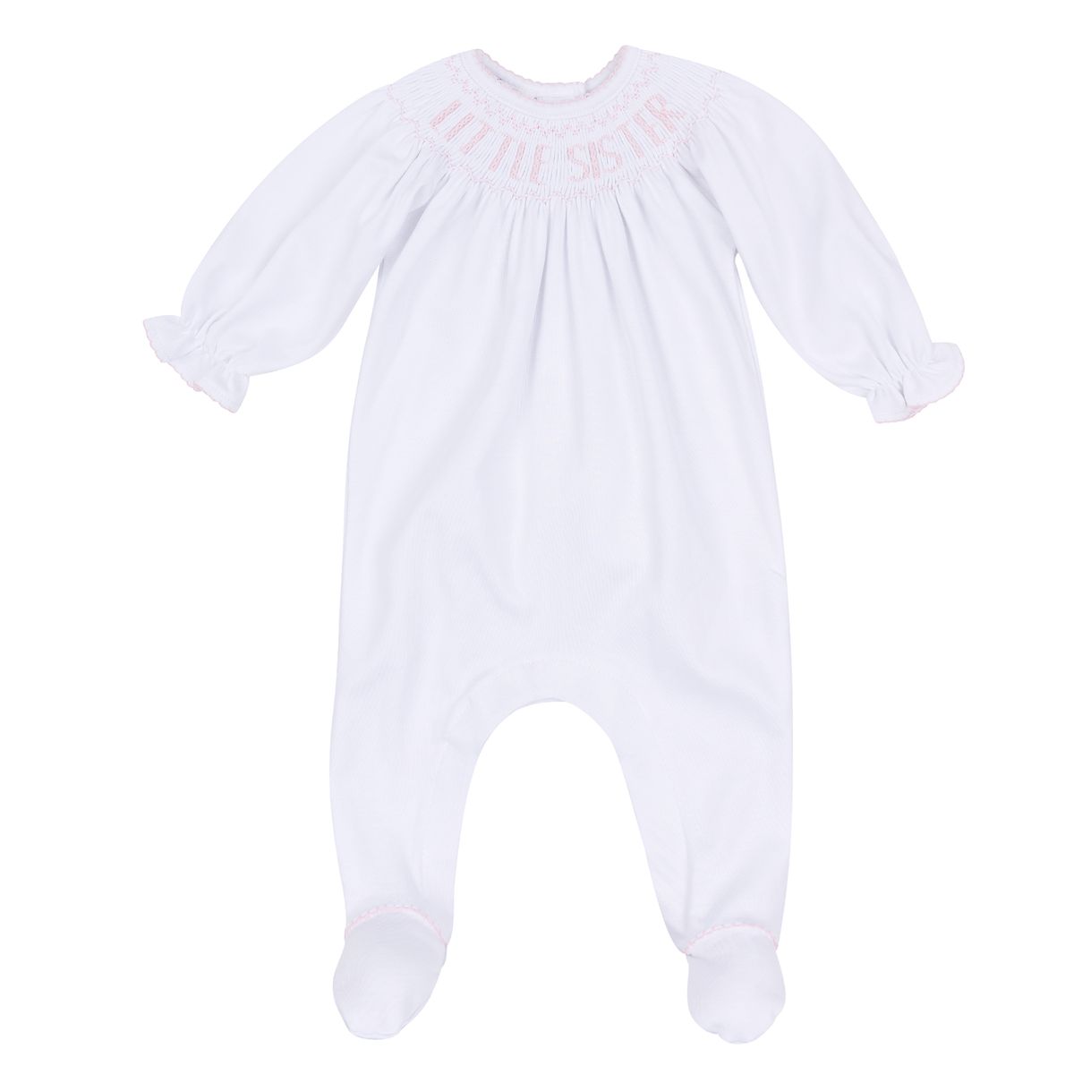Pink Little Sister bishop footie by Magnolia Baby, soft cotton onesie with gentle ruffle details for infants.