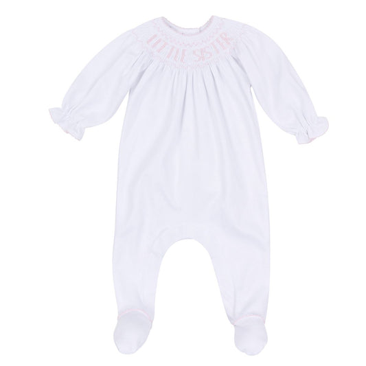 Pink Little Sister bishop footie by Magnolia Baby, soft cotton onesie with gentle ruffle details for infants.