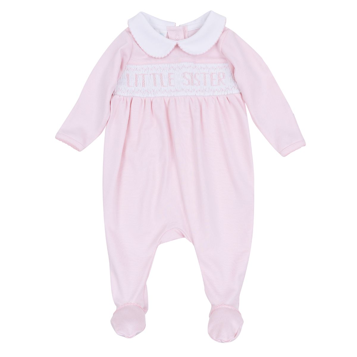 Pink Magnolia Baby Little Sister smocked footie with ruffled collar and footed design, perfect for babies.