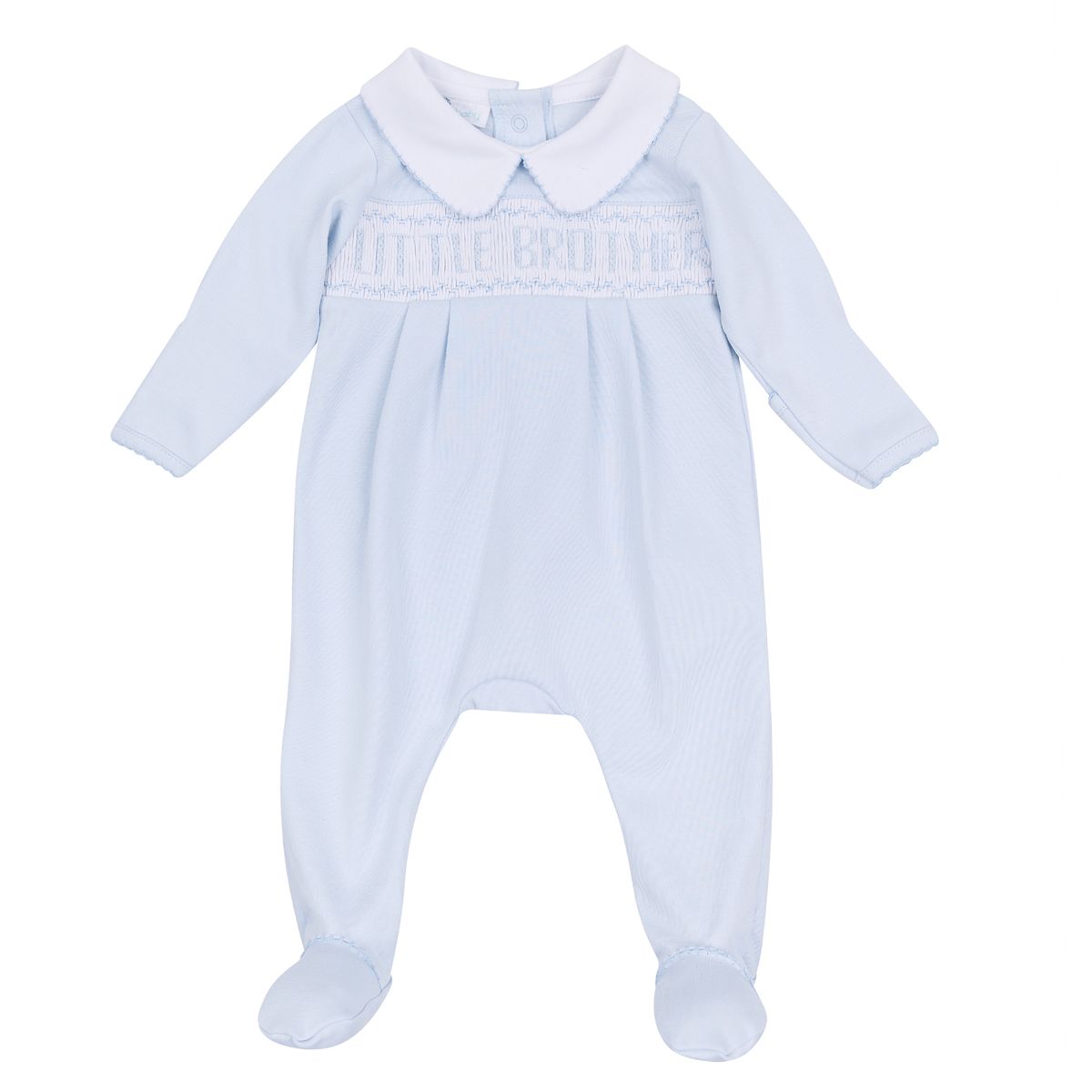 Light blue Magnolia Baby smocked footie for little brothers, featuring embroidered details and soft cotton fabric.