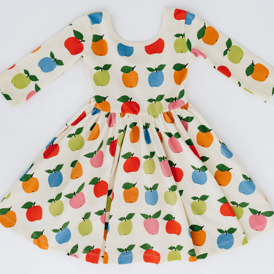 Good Apples 3/4 sleeve twirl dress with apple print, lightweight cotton fabric, and playful design for girls.