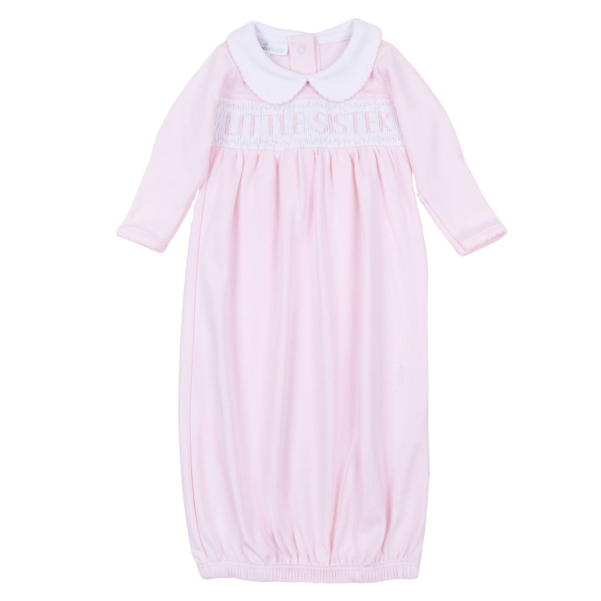 Pink Little Sister smocked gathered gown by Magnolia Baby, featuring soft fabric, ruffled details, and a sweet, classic design for little girls.