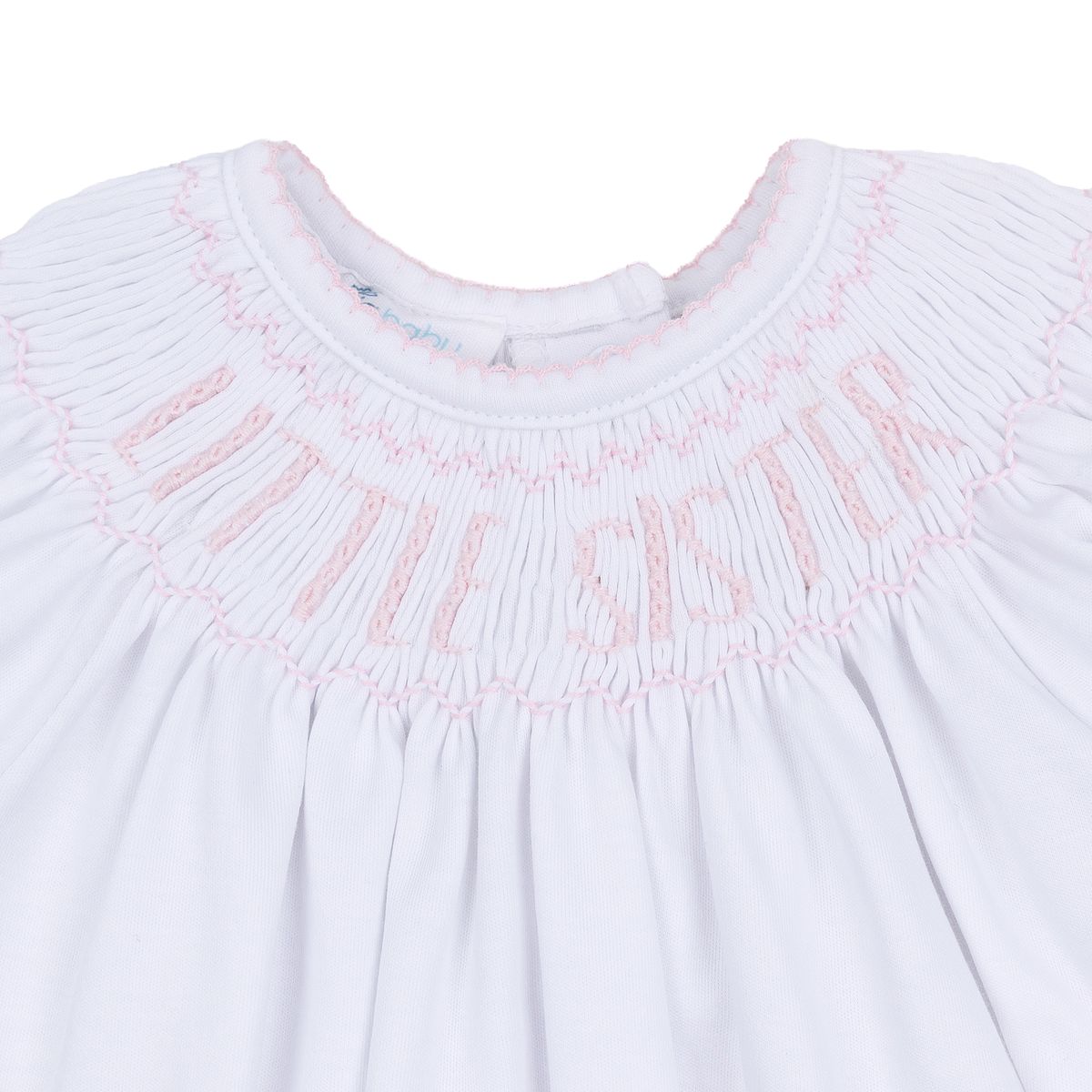 Pink Little Sister Bishop Footie by Magnolia Baby, soft baby onesie with pink fabric and gentle bishop sleeves.