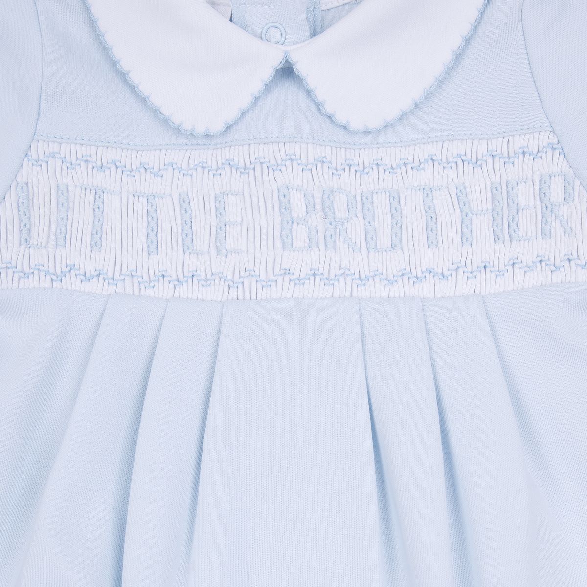 Light blue Magnolia Baby Little Brother smocked short-sleeve bubble with ruffled neckline and playful design, perfect for baby boys.