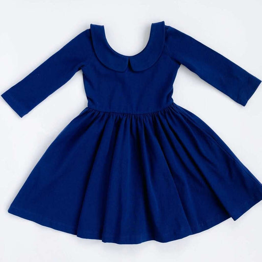 Good Apples 3/4 sleeve twirl dress in solid harbor navy with a collar, showcasing a stylish and comfortable casual dress.