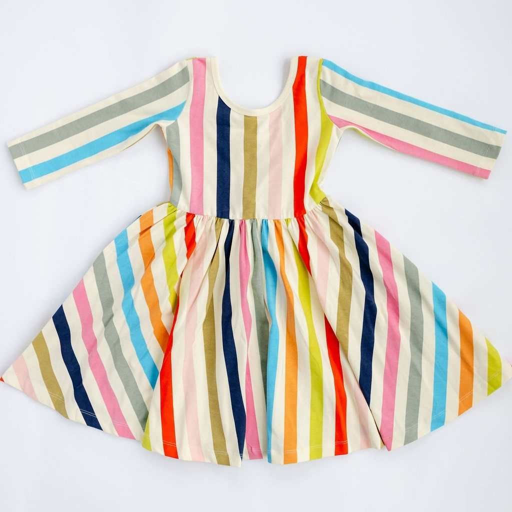Bright striped 3/4 sleeve twirl dress by Good Apples, featuring vibrant colors and a playful, flowing design.