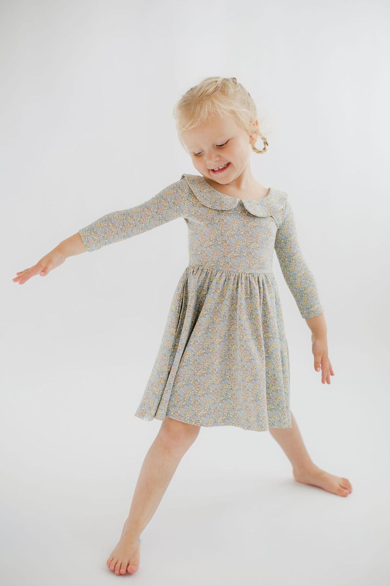 Good Apples 3/4 sleeve twirl dress in blue watercolor floral with collar, perfect for casual or dressy occasions.