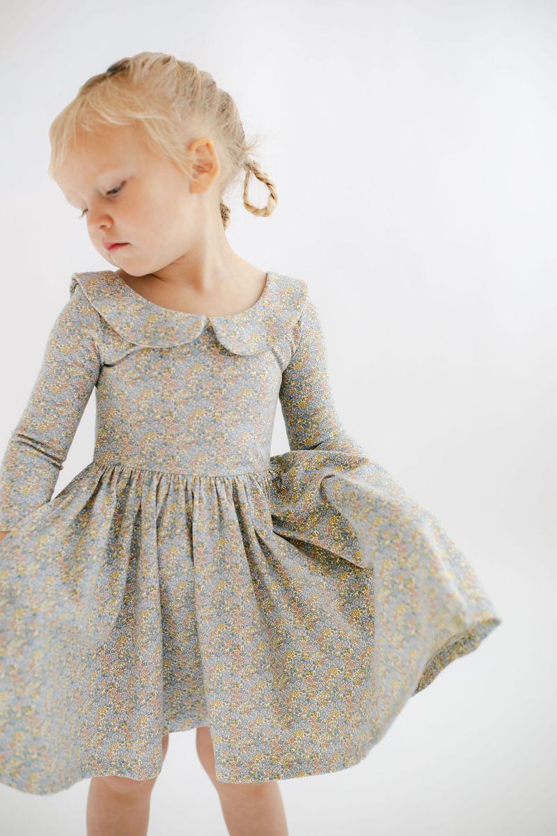 Good Apples 3/4 sleeve twirl dress in blue watercolor floral with a collared neckline, perfect for casual or dressy occasions.