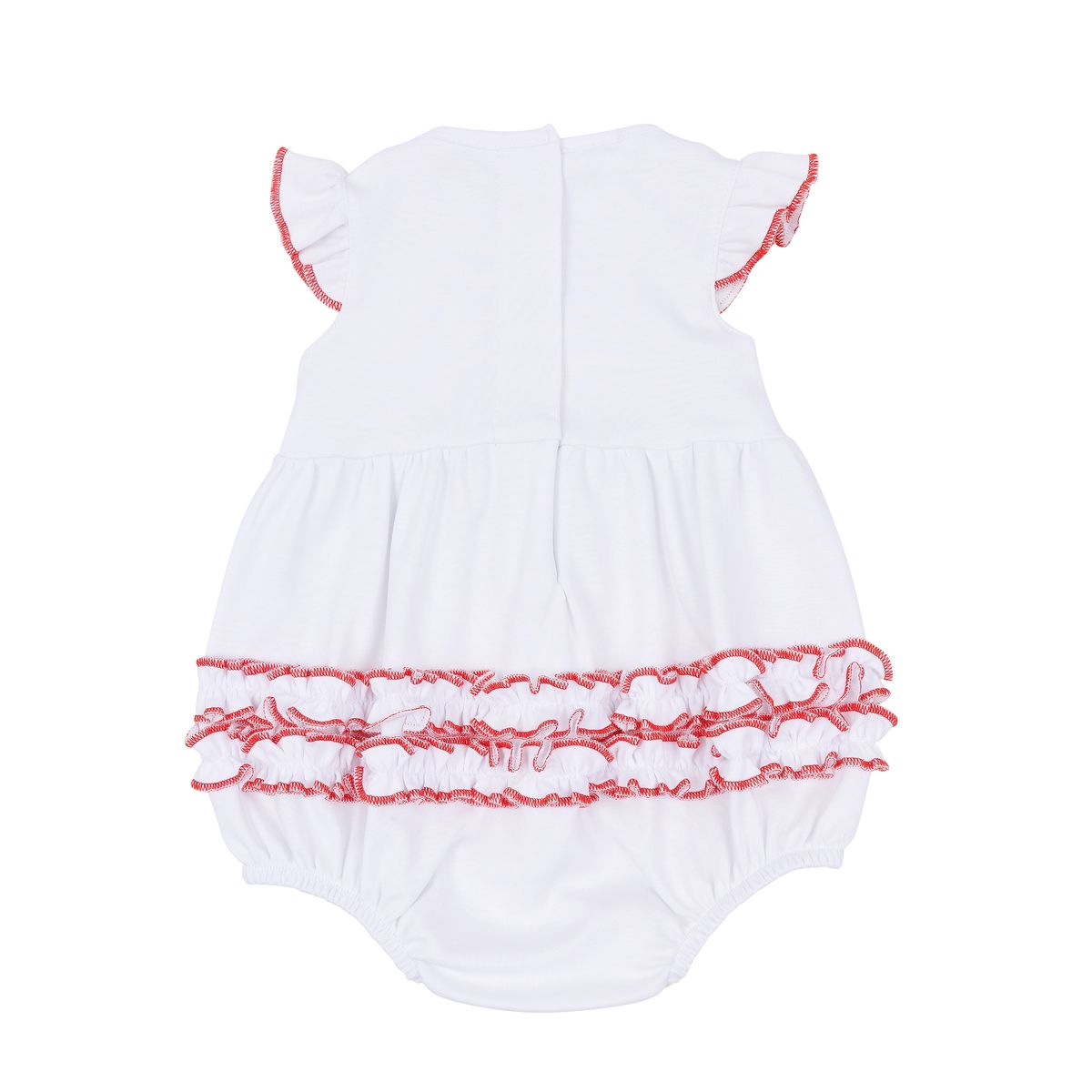 Magnolia Baby sparkly red ruffle flutter bubble with ruffled sleeves and a playful, shiny design for infants.