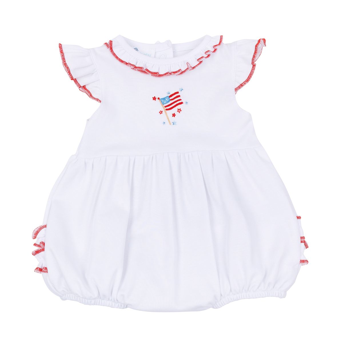 Magnolia Baby sparkly red ruffle flutter bubble dress with ruffled sleeves and bubble silhouette for a festive baby girl outfit.