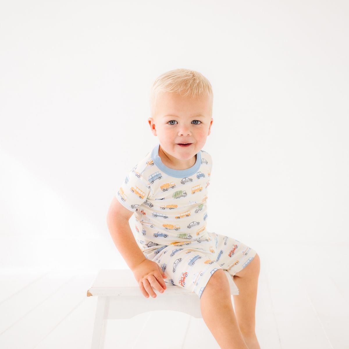 Luna + Arlo On the Go! Sky short pajamas with blue and white pattern, soft fabric, and comfortable fit for kids.