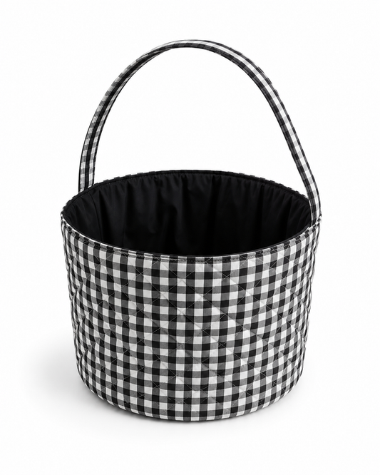 Black gingham basket by Zsa Zsa Lolli with a woven handle, perfect for storage or decor.