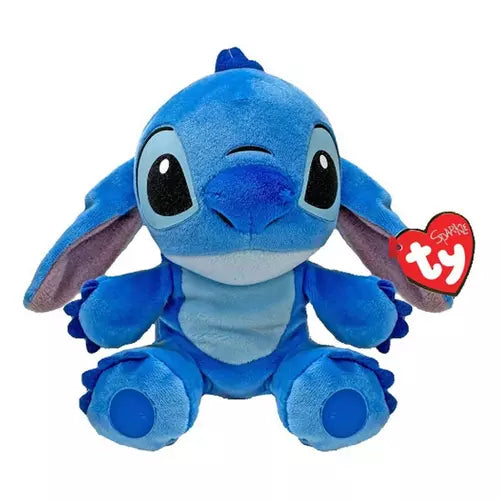Soft plush Stitch toy by Ty featuring large blue eyes, detailed stitching, and a friendly expression, perfect for cuddling.